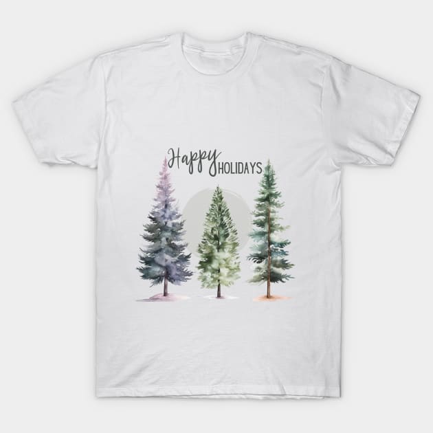 Three Tall Pine Tree Happy Holidays Watercolor T-Shirt by mw1designsart